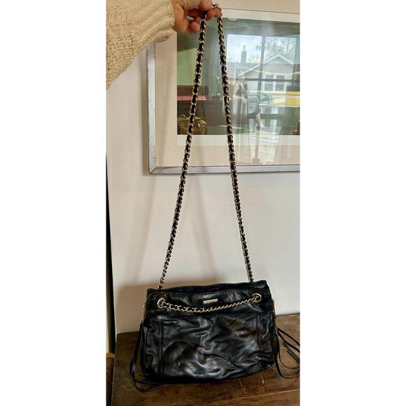 Y2K Rebecca Minkoff Black Leather Shoulder Bag with Gold Chain and Zipper Detail - Picture 13 of 13